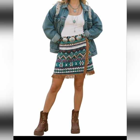 Extra Blues Dresses & Skirts - Vtg 90s Extra Blues Southwestern Mini Wrap Skirt Juniors 7 Aztec Fringe Eclectic